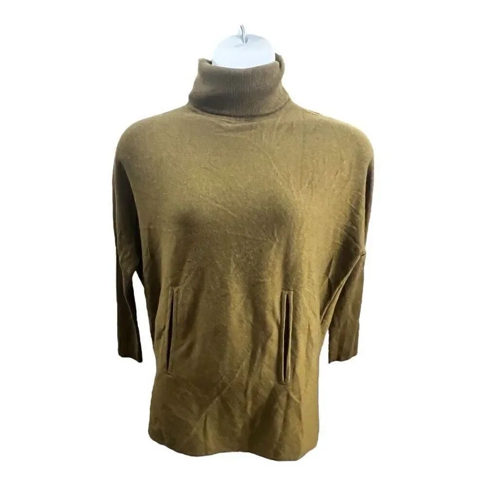 Garnet Hill Cashmere Wool Oversized Turtleneck Sweater Green M Kangaroo Pocket